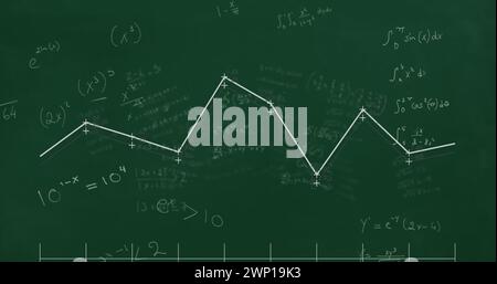 Abbildung des Diagramms über mathematischen Gleichungen auf schwarzem Hintergrund Stockfoto