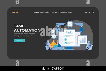 Aufgaben Automatisierung im Nacht- oder Dunkelmodus – Web- oder Landing-Page. Nahtlose Integration von Robotik in das Workflow-Management. Steigerung der Effizienz durch automatisierte Systeme und Softwarelösungen. Stock Vektor