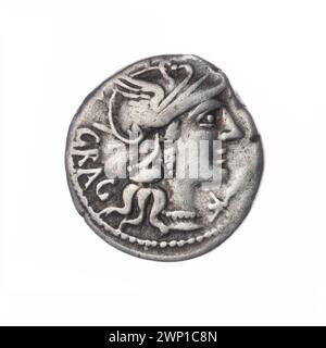 Denar; Antestius Gragulus, L. (fl. 136 n. Chr.); 136 v. Chr. (-136-00-00--136-00); Jupiter (mitol.), Jupiter auf einem Quadrat (iconogr.), Roma (mitol.), Schrift (Attribut), Geschenk (Provenienz), Roma Kopf im Helm (iconogr.), Pferde, Quadriga, Blitz (Attribut) Stockfoto