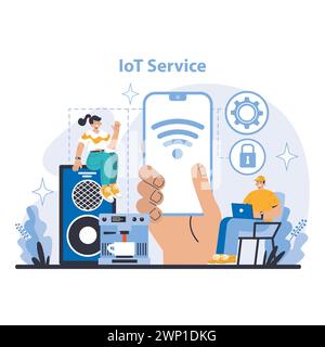 Konzept Der Smart Home-Technologie. Integrierte IoT-Dienste für vernetzte Geräte. Verbesserung der Heimautomatisierung und -Sicherheit. Optimierte Steuerung durch mobile Anwendungen. Illustration des flachen Vektors. Stock Vektor