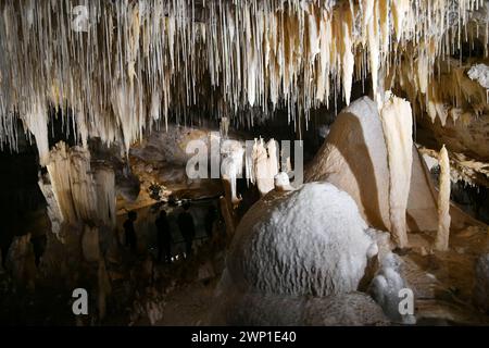 Lake Cave (WA) ist stark mit zerbrechlichen weißen Kalzithalmen, Tüchern, Stalaktiten und Stalagmiten verziert Stockfoto