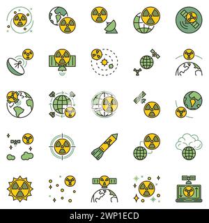 Nuclear Weapons in Space Concept farbige Symbole gesetzt. Atombomben, Atomwaffen, Strahlung und Satellitensysteme kreativieren die Sammlung von Vektorschildern Stock Vektor