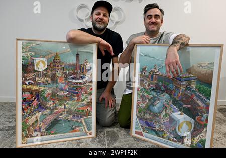 ©PHOTOPQR/OUEST FRANCE/Stéphane Geufroi ; Paris ; 19/02/2024 ; Le directeur du Design de Paris 2024, Joachim Roncin et l'illustrateur et dessinateur Ugo Gattoni présentent l'affiche des jeux olympiques Paris 2024. Paris, Frankreich, 19. februar 2024 das Poster für die Olympischen Spiele 2024 in Paris. Stockfoto