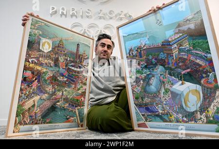 ©PHOTOPQR/OUEST FRANCE/Stéphane Geufroi ; Paris ; 19/02/2024 ; L'illustrateur et dessinateur Ugo Gattoni a réalisé l'affiche des jeux olympiques Paris 2024. Paris, Frankreich, 19. februar 2024 das Poster für die Olympischen Spiele 2024 in Paris. Stockfoto