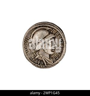 Denar von P. Fonteius Capito aus 55 v. Chr., der Mars mit Helmen, Gefangenen, Reitern, Pferden, Schwertern, Schilde, Trophäen, Speere und eine Marsbüste. Teil der Provenienzsammlungen. Stockfoto