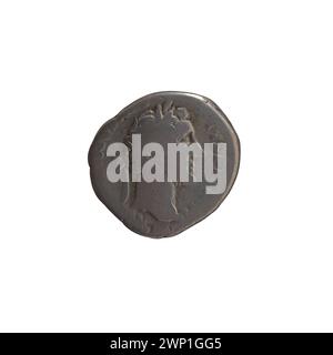 Silberdenar, ausgestellt unter dem römischen Kaiser Antoninus Pius zwischen 156 und 157 n. Chr., mit typisch römischen kaiserlichen Inschriften und Bildern auf Vorder- und Rückseite. Stockfoto