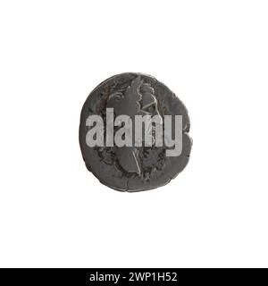 Silberdenar aus dem Jahre 156-158 n. Chr. unter Antoninus Pius, mit Vorsatzporträt und umgekehrten Inschriften, die für römische Kaiserprägungen charakteristisch sind. Stockfoto