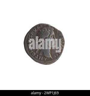 Römischer Silberdenar von 156-157 n. Chr., ausgestellt unter Kaiser Antoninus Pius. Mit kaiserlichem Porträt, Inschriften und Reliefs, die typisch für Münzprägungen aus der Mitte des 2. Jahrhunderts sind. Stockfoto