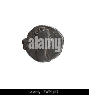Römische Denar-Münze, die nach 141 ausgegeben wurde und Antoninus Pius und Faustina der ältere mit Silberkomposition, kaiserlichen Porträts und Inschriften darstellt. Stockfoto