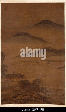 Aquarelllandschaft mit Ankunft in Palu am See, gemalt auf Seide mit chinesischer Coil Painting Technik, mit Bergen, Seen und vertikalem Scrollformat, Teil der chinesischen Kunstsammlung mit Provenienz. Stockfoto