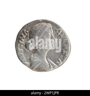 Denar-Münze, die zwischen 161-176 während der gemeinsamen Regierungszeit des römischen Kaisers Marcus Aurelius und Kaiserin Faustina ausgegeben wurde und im Römischen Reich als Silberwährung diente. Stockfoto