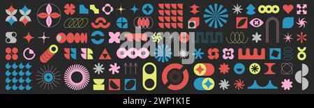 Set aus bunten, brutalistischen geometrischen Formen. Trendige minimalistische Figuren, Blume, Kreis, Sterne und abstrakte bauhausformen. Retro-futuristische einfache Basiselemente, zeitgenössisches Symbol, funkelnde Symbole Stock Vektor