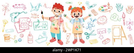 Lustige Karikaturkinder in Kindergartenzeichnung mit Farben. Bastelaktivitäten für Kinder Vorschule Happy Girl and Boy mit Kunstzubehör Icon Kollektion. Kritzelei. Kinderfiguren nähen, malen. Stock Vektor