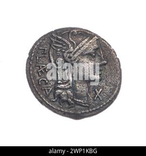 Denar; Portcius Laeca, P. (fl. 110-109 v. Chr.); 110-109 v. Chr. (110-00-00-109-00-00); Roma (Mitol.), Roma Kopf im Helm (ikonogr.), Laski, Zeichen, Kleider Stockfoto