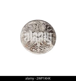 Penny-Münze aus dem Jahr 1673 mit Ludwika Anhalcka, Regent von Legnica-Brzeska, entworfen von Christoph Brettschneider, zeigt Legnica- und Brestwappen, Schlesischen Adler, Buchstaben C-B, Wappenschilde unter der Fürstenmiter, mit Provenienz. Stockfoto