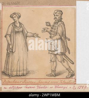 Gravur von Cesare Vecellio aus dem Jahr 1589 zeigt Mróna und eine Frau in ungarischen Kostümen aus dem 16. Jahrhundert, die in den Sammlungen von Aleksander Lesser und Wiktor Stanisław Zygmunt aufbewahrt wurden. Stockfoto