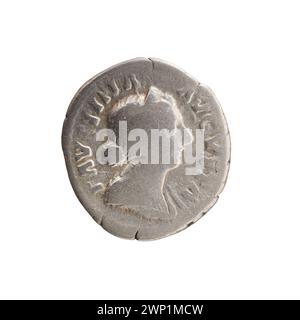 Denar, ausgestellt von Kaiser Marek Aureliusz und Kaiserin Faustina M Osza zwischen 161 und 176, bestehend aus Metall, verwendet für Handel und Währung, mit Porträts und Inschriften. Stockfoto