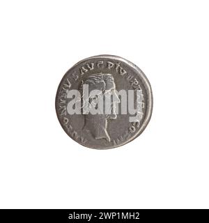 Denar gab 140-144 unter dem römischen Kaiser Antoninus Pius eine Silbermünze mit kaiserlichem Porträt und Inschriften für römische Währung aus. Stockfoto