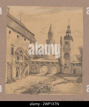 Legnica. Schloss Hof der Uhr und weiß rein. Jadwiga; Lesser, Aleksander (1814-1884); um 1834 (1834-00-00-1834-00); Legnica (Woiwodschaft Dolnośląskie), Lesser, Aleksander (1814-1884), Lesser, Aleksander (1814-1884)-Sammlungen, kleiner, Emiljan Stanisław (Baron-1847-1912), kleiner, Emiljan Stanisław (Baron-1847-1912) - Sammlung, kleiner, Wiktor Stanisław Zygmunt (Baron-1853-1935), kleiner, Wiktor Stanisław Zygmunt (Baron-1853-1935) - Sammlung, Turm des Heiligen Jadwiga (Burg in Legnica), Piastów (Legnica), Architektur, Verteidigungsarchitektur, Geschenk (Provenienz), Innenhöfe, t Stockfoto