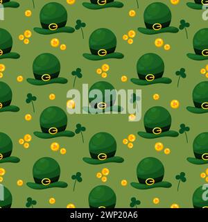 Nahtloses Muster für St.. Patrick Day mit grünen Hüten, Goldmünzen und Klee auf grünem Hintergrund. Stock Vektor