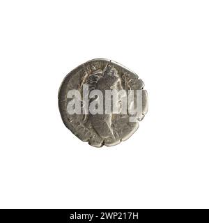 Silberdenar, ausgestellt 156-157 unter Antoninus Pius, mit kaiserlichen Motiven und Inschriften. Stockfoto