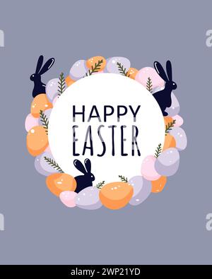 Osterpostkarte auf blauem Hintergrund. Osterkranz aus orange, rosa und violetten Eiern mit Silhouetten Stock Vektor