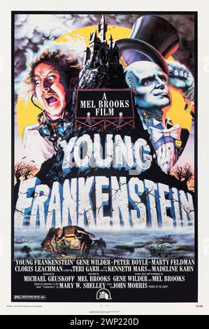 Young Frankenstein (1974) unter der Regie von Mel Brooks mit Gene Wilder, Madeline Kahn und Marty Feldman. Ein amerikanischer Enkel des berüchtigten Wissenschaftlers, der sich darum bemüht, zu beweisen, dass sein Großvater nicht so verrückt war, wie man glaubt, wird nach Siebenbürgen eingeladen, wo er den Prozess entdeckt, der eine Leiche reanimiert. Foto eines Original-Posters aus dem Jahr 1974 mit einem Blatt und einem Kunstwerk von John Alvin. ***NUR REDAKTIONELLE VERWENDUNG*** Credit: BFA / Twentieth Century Fox Stockfoto