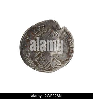 Ein römischer Denar, ausgestellt 198 n. Chr. unter Kaiser Caracalla, mit kaiserlichen Porträts und Inschriften. Stockfoto