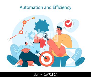 Optimierung des Workflows durch Automatisierung. Eine lebendige Darstellung der Effizienz im digitalen Zeitalter durch Technologie- und Zeitmanagement. Illustration des flachen Vektors. Stock Vektor