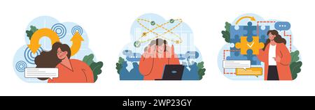 Problemlösungsset. Frau visualisiert den Datenfluss, zeichnet strategische Bewegungen ab und stellt Puzzleteile zusammen. Kreativer Ansatz, divergierendes Denken. Muster werden analysiert. Illustration des flachen Vektors Stock Vektor