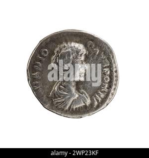Denar-Münze, ausgegeben 196-198 unter dem römischen Kaiser Caracalla (198–217), Teil des römischen Silberwährungssystems. Stockfoto