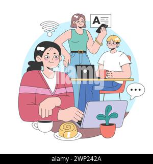 Die Idee des dritten Platzes. Soziale Umgebung, getrennt von Zuhause und Arbeitsplatz. Community Life Building, People Interaction und Kommunikationszone. Illustration des flachen Vektors Stock Vektor