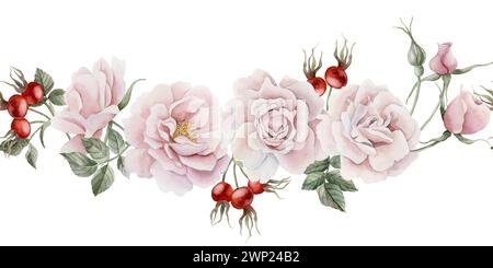 Horizontaler nahtloser Rand aus rosafarbenen Hüftblüten, Knospen, Blättern und Beeren. Rose im viktorianischen Stil. Blumen Aquarell Illustration handgemalt isola Stockfoto