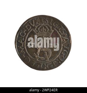 Eine litauische Trojak-Münze, die 1563 unter dem polnischen König Zygmunt II. August ausgegeben wurde und den Graveur Gabriel Tar O trägt und die polnisch-litauische Währung dieser Zeit repräsentiert. Stockfoto