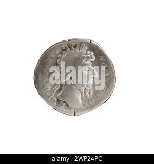 Der silberne römische Denar wurde 168 n. Chr. während der Regierungszeit Lucius Verus geprägt und zeigt das Porträt des Kaisers und das römische Münzdesign aus der Mitte des 2. Jahrhunderts. Stockfoto