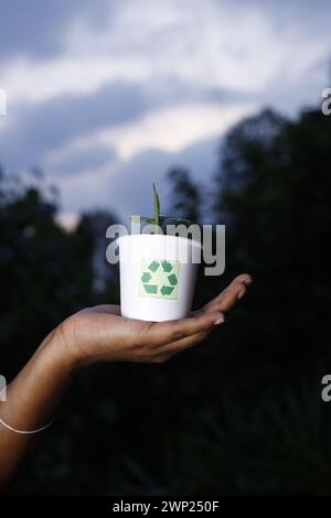 Die Frauen, die Recycling- und Kompostieranlagen im Abfallbecher behandeln Stockfoto