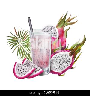 Aquarellillustration eines rosafarbenen Cocktails mit Scheiben pitaya, Drachenfrucht und grünem Palmblatt. Tropisches, exotisches erfrischendes Getränk. Stockfoto