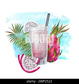 Aquarellillustration eines rosafarbenen Cocktails mit Scheiben pitaya, Drachenfrucht und grünem Palmblatt. Tropisches, exotisches erfrischendes Getränk. Stockfoto
