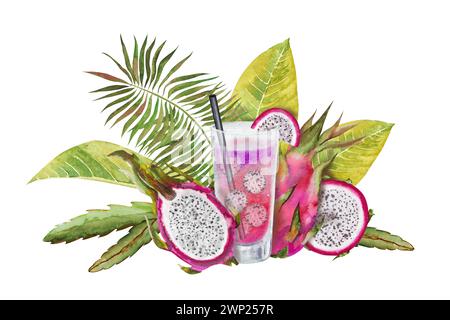 Aquarellillustration eines rosafarbenen Cocktails mit Scheiben pitaya, Drachenfrucht und grünem Palmblatt. Tropisches, exotisches erfrischendes Getränk. Stockfoto