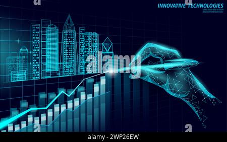 Low Poly Smart City 3D-Grafik für Wachstum. Intelligentes Gebäudeautomationssystem Geschäftskonzept. Hand mit Kugelschreiber. Architektur Stadtbild Stock Vektor
