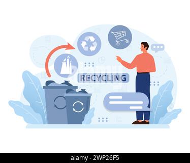 Modernes Recycling: Der Mensch leitet digitale Strategien zur Abfallvermeidung mit Mülltonnen und Öko-Symbolen. Optimierte Technologie trifft auf Nachhaltigkeit. Illustration des flachen Vektors. Stock Vektor