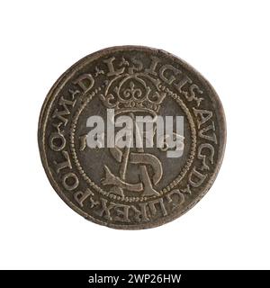 Litauische Trojak-Münze, die 1563 unter Zygmunt II. August, König von Polen, ausgegeben wurde, mit einem Design, das Gabriel Tar O zugeschrieben wurde und die polnisch-litauische Währung des 16. Jahrhunderts widerspiegelt. Stockfoto