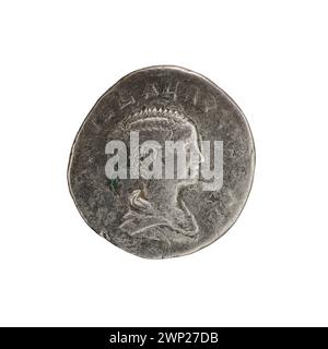 Denar gab 202-205 unter Kaiserin Plautilla eine Silbermünze mit kaiserlichem Porträt und Inschriften für römische Währung aus. Stockfoto