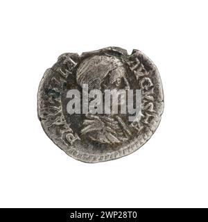 Silberdenar, ausgestellt 202-205 unter Kaiserin Plautilla, als römische Währung mit kaiserlichen Motiven und Inschriften. Stockfoto