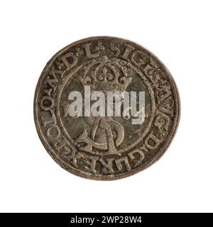 Silberne Litauische Trojak-Münze, die 1564 unter König Zygmunt II. August von Polen ausgegeben wurde, geprägt von Gabriel Tar O, mit Inschriften und Standardmünzen aus dem 16. Jahrhundert. Stockfoto