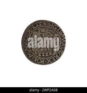 Ein Beispiel für die Litauische Trojak-Münze aus dem Jahr 1565 mit dreiköpfigem Motto, die während der Regierungszeit Zygmunts II. August in Polen ausgegeben wurde. Stockfoto