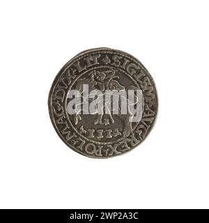 1565 Litauische Trojak-Münze mit dem Motto „verspottet dreiköpfig“, ausgestellt unter Zygmunt II. August, für den Handel im Polnisch-litauischen Commonwealth verwendet. Stockfoto