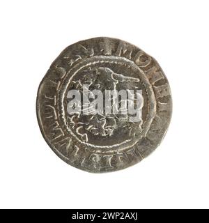 Ein litauischer Pfennig, der während der Regierungszeit von Zygmunt I. Stary, König von Polen von 1506 bis 1548, geprägt wurde, datiert von 1527. Die Münze spiegelt das Währungssystem Litauens wider, das im frühen 16. Jahrhundert unter polnischer Herrschaft stand. Stockfoto