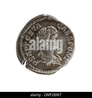 Denar-Münze, die 200-202 unter dem römischen Kaiser Geta (209–212) ausgegeben wurde, Teil des römischen Silberwährungssystems. Stockfoto