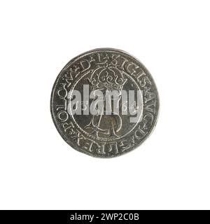 1564 Litauische Trojak-Münze unter König Zygmunt II. August mit heraldischen und numerischen Inschriften, verbunden mit Gabriel Tarło, in Litauen als Währung in Umlauf. Stockfoto